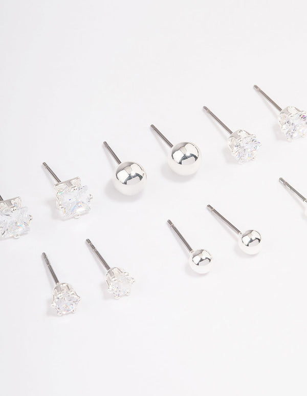 Silver Cubic Zirconia & Ball Stud Earrings