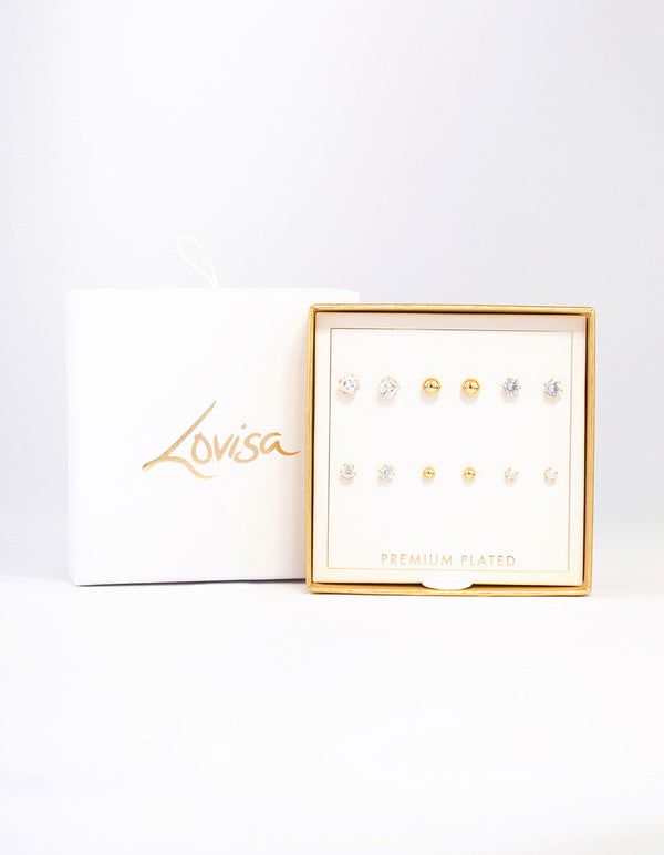 Gold Plated Cubic Zirconia & Ball Stud Earrings 6-Pack
