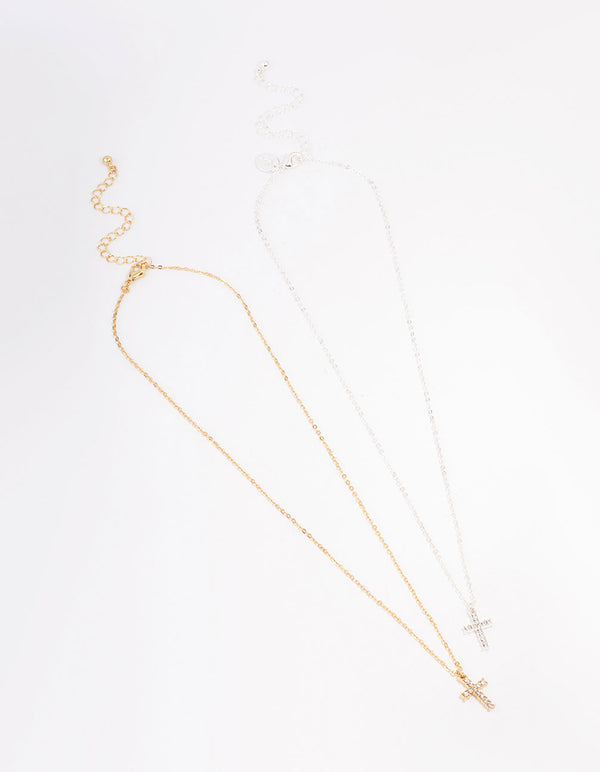 Mixed Metal Diamante Cross Necklace Pack