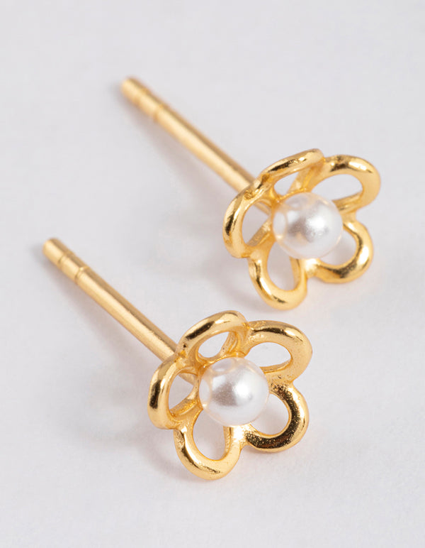 Gold Plated Sterling Silver Pearl & Flower Stud Earrings