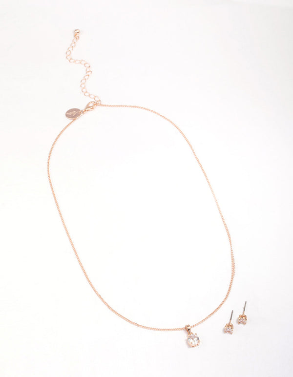 Rose Gold Cubic Zirconia Solitaire Jewellery Set