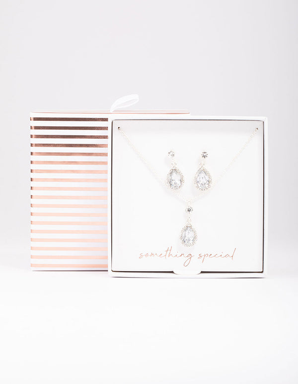 Silver Round & Pear Halo Jewellery Set