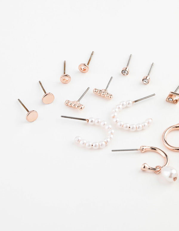 Rose Gold Pearl Mixed Stud & Hoop Earring 12-Pack