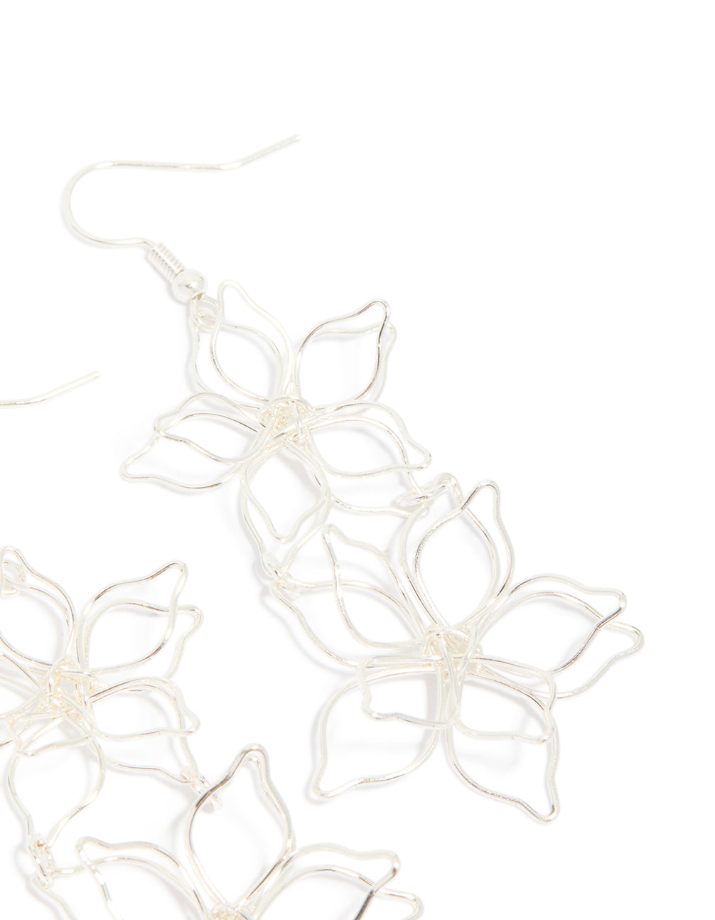 Silver Double Wire Flower Drop Earrings