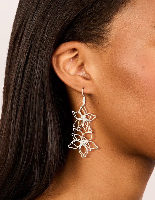 Silver Double Wire Flower Drop Earrings