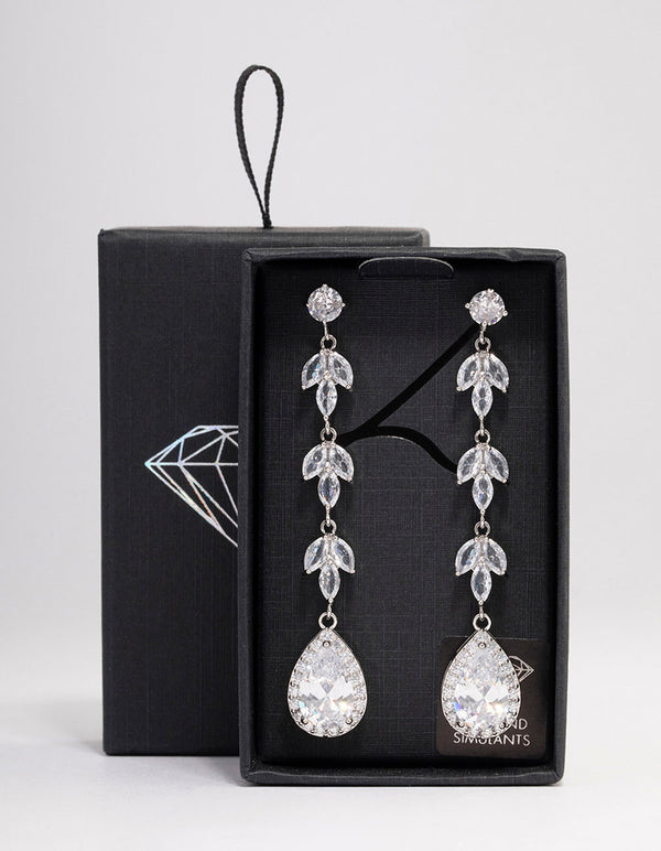 Silver Leaf Halo Pear Drop Earrings