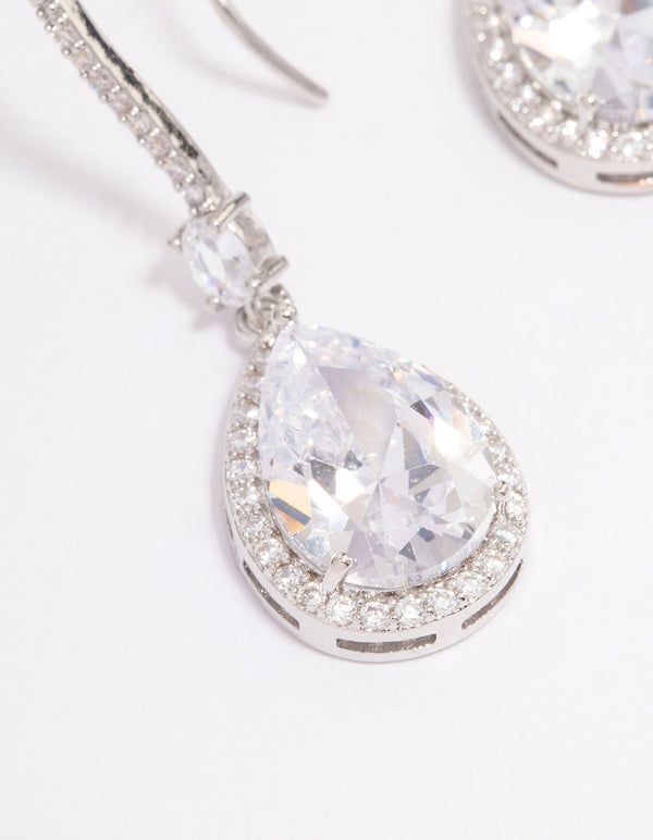 Silver Cubic Zirconia Pear Diamante Hook Drop Earrings