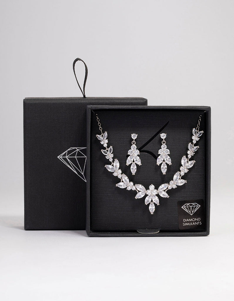 Fukinxus Women's Silver Cubic Zirconia Leaf Vine Y-Necklace & Earrings Set - Bridal & Wedding Jewelry - View #5