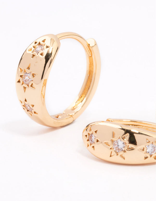 Gold Plated Cubic Zirconia Celestial Huggie Hoop Earrings