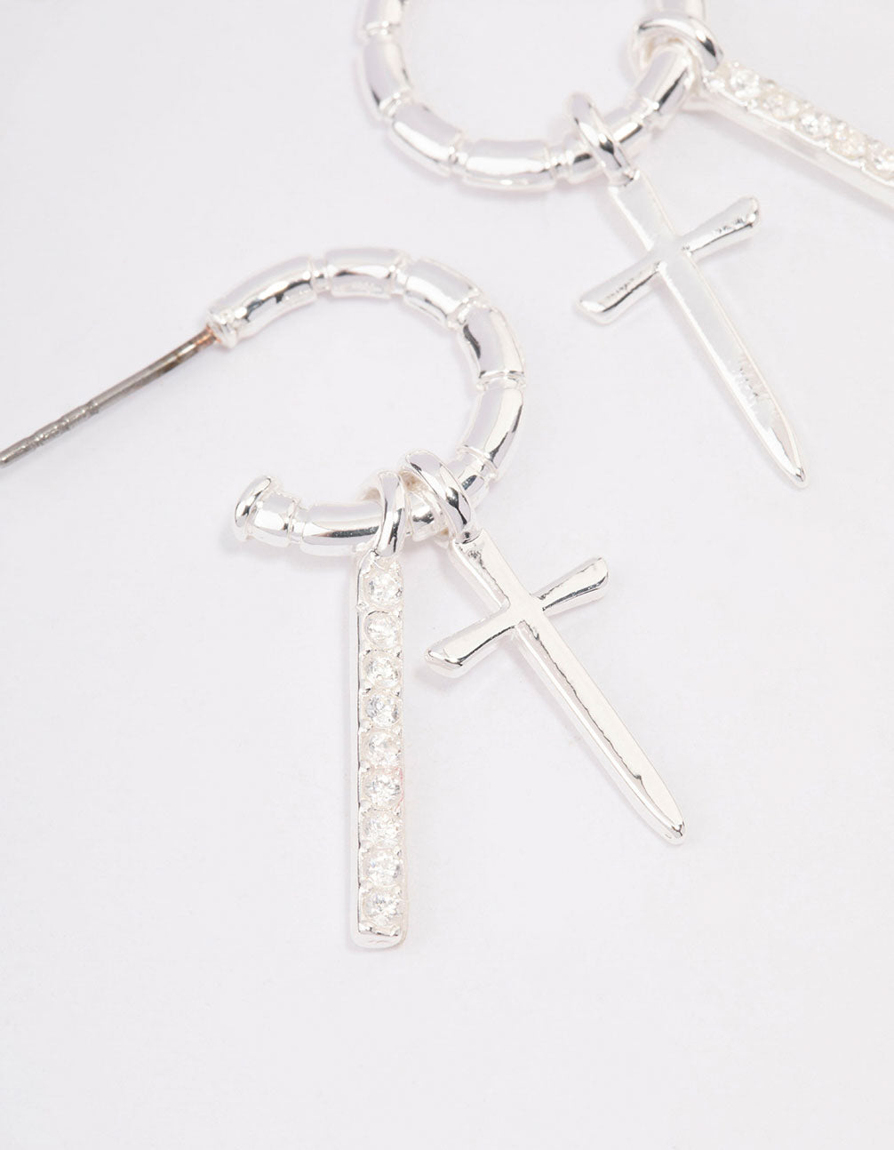 Silver Plated Cross Diamante Bar Hoop Earrings