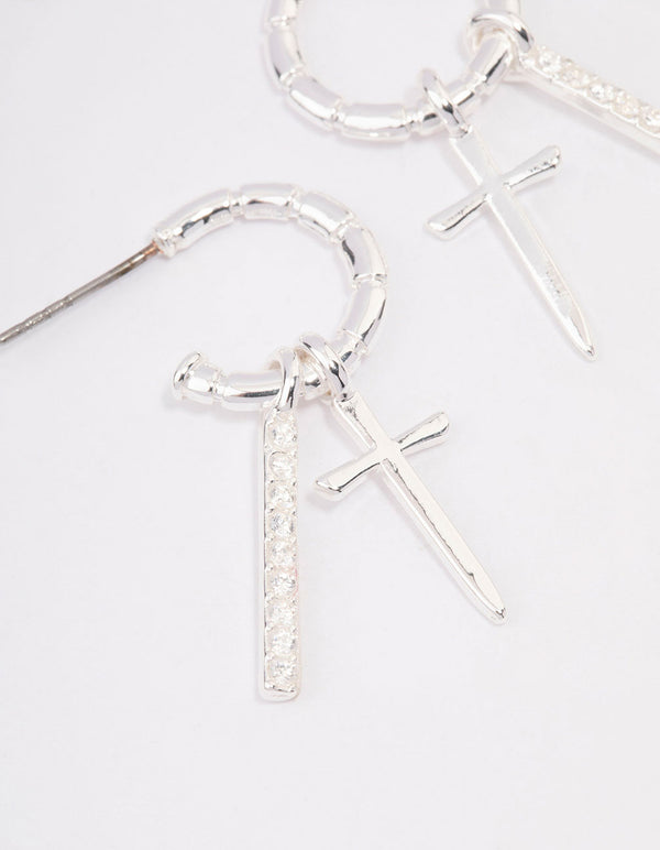 Silver Plated Cross Diamante Bar Hoop Earrings