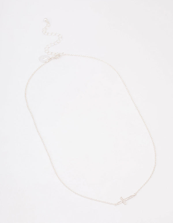 Silver Plated Diamante Cross Fine Pendant Necklace