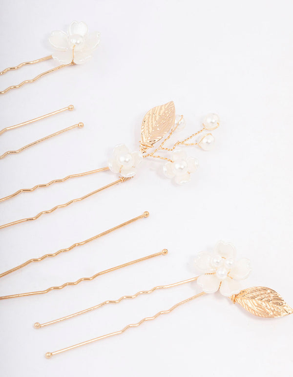 Gold Wire Flower Pearl Hair Pins