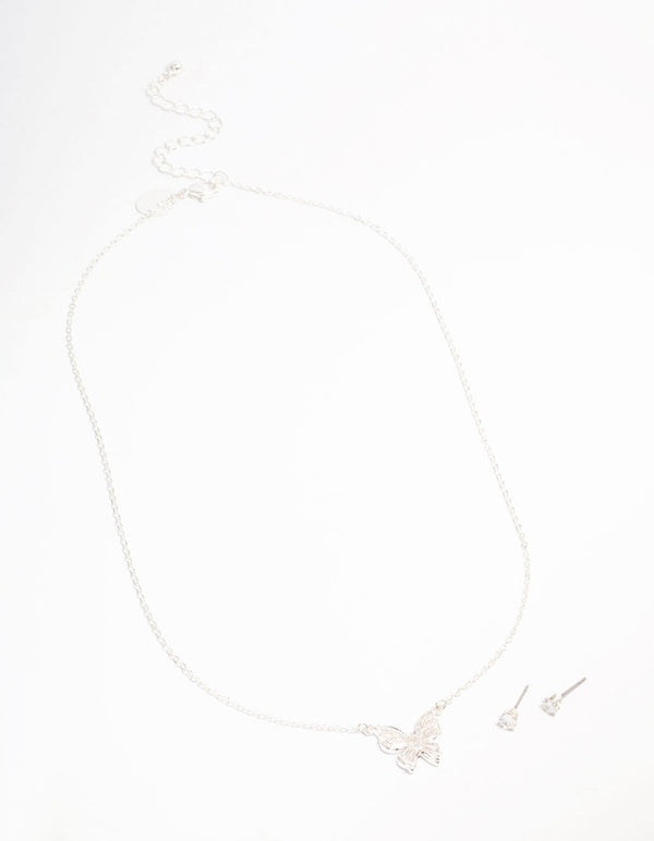 Silver Plated Butterfly Cubic Zirconia Necklace & Earrings Set