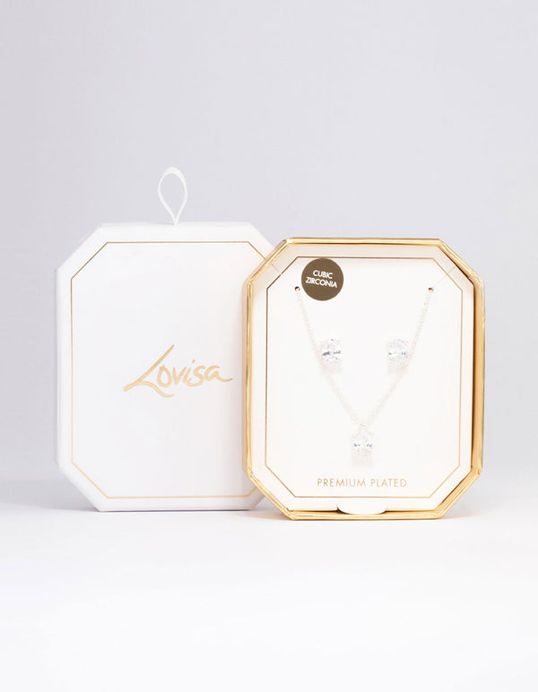 Silver Plated Oval Cubic Zirconia Necklace & Earrings Set