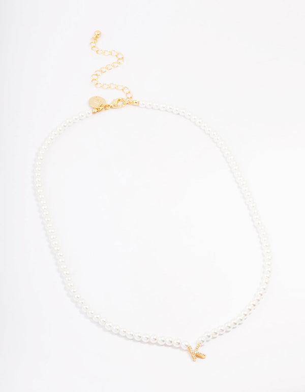 Gold Plated Letter K Initial & Pearl Pendant Necklace