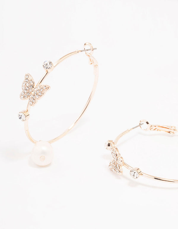 Rose Gold Butterfly & Pearl Medium Hoop Earrings