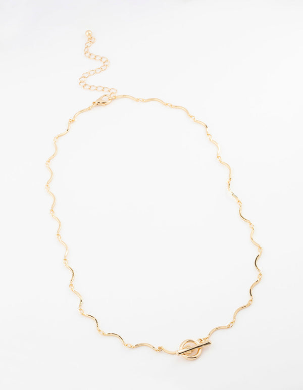 Gold Plated Wavy FOB Chain Necklace