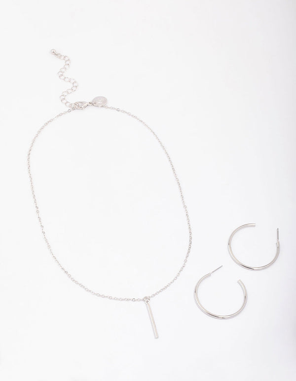 Silver Slim Stick Necklace & Earrings Jewellery Set