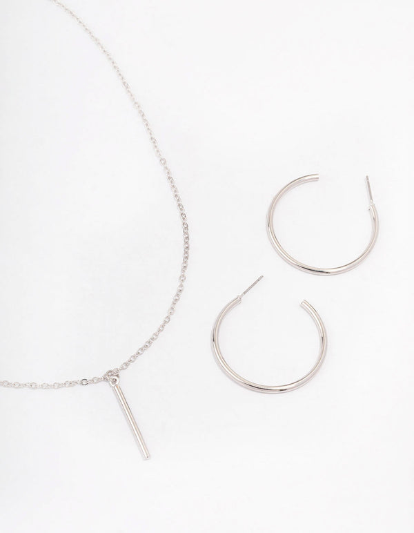 Silver Slim Stick Necklace & Earrings Jewellery Set