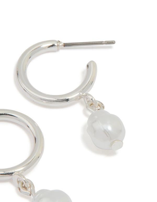 Silver Pearl Drop Huggie Earrings