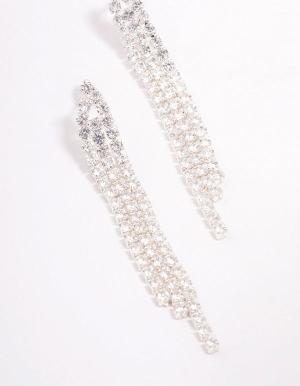 Silver Plated Brass Triangular Cubic Zirconia Cup Chain Drop Earrings