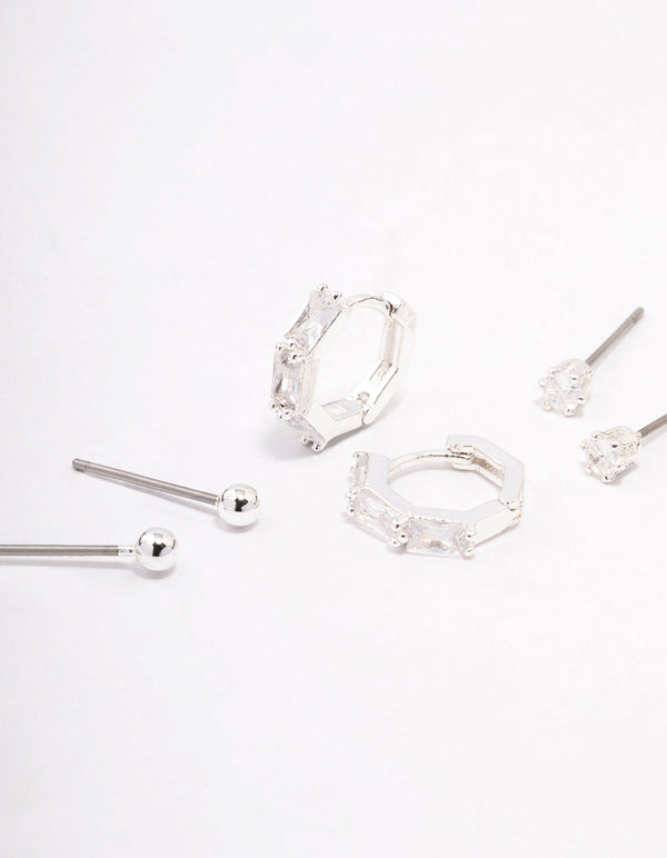 Silver Plated Brass Baguette Huggie Earring 3-Pack