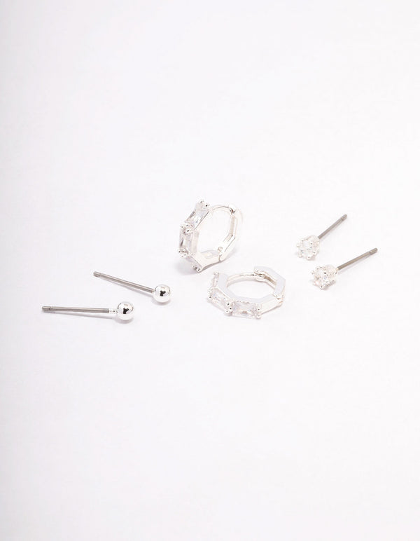 Silver Plated Brass Baguette Huggie Earring 3-Pack