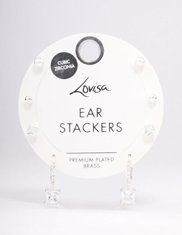 Silver Plated Brass Princess Huggie Earring 4-Pack