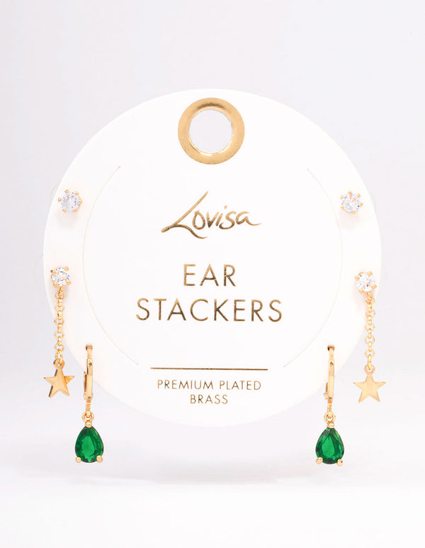 Gold Plated Brass Star Chain Earring 3-Pack