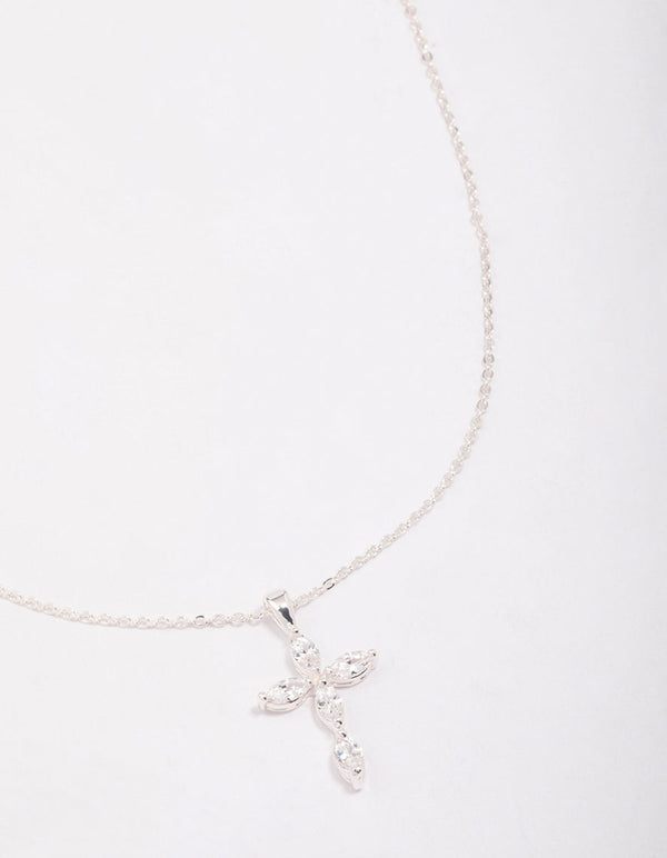 Silver Plated Brass Large Marquise Cross Pendant Necklace