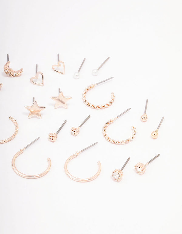 Rose Gold Celestial Heart Stud Earrings 12-Pack