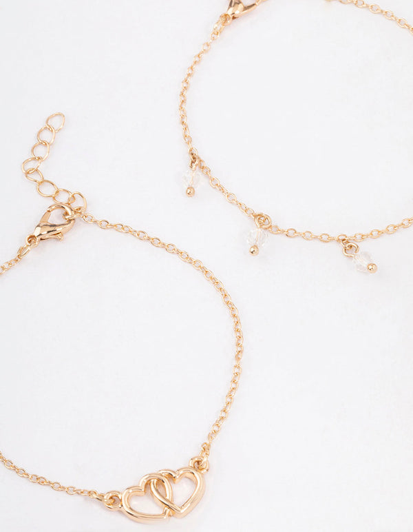 Gold Diamante Bead Link Heart Bracelet Pack