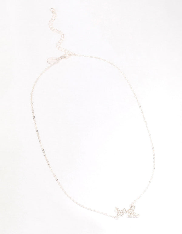 Silver Double Pave Butterfly Short Necklace