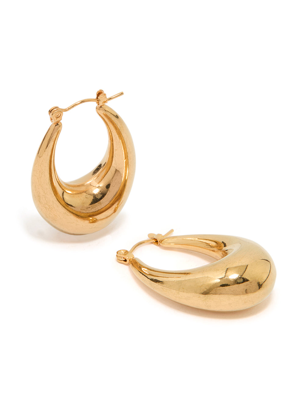 Showcasing waterproof gold plated stainless steel full loop hoop earrings in gold front view