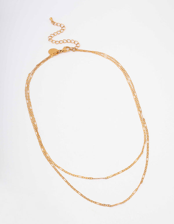 Waterproof Gold Plated Stainless Steel Figaro Double Chain Necklace