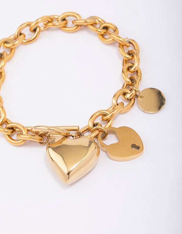 Waterproof Gold Plated Stainless Steel Puffy Heart Charm & Lock Bracelet