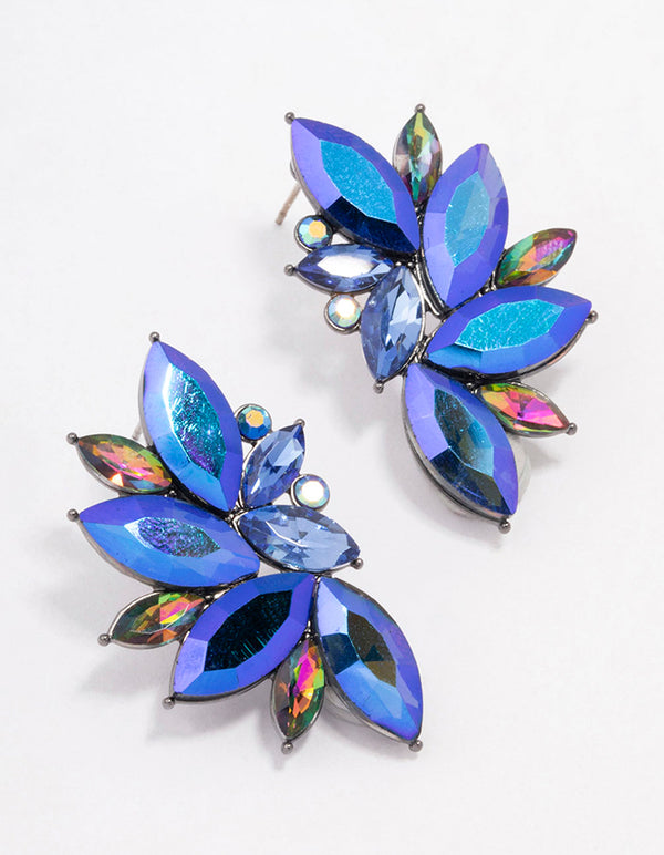 Silver Gunmetal Blue Diamante Marquise Statement Stud Earrings