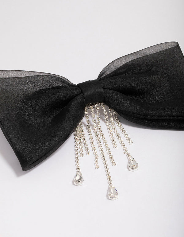 Black Fabric Organza Diamante Cup Chain Hair Bow Clip
