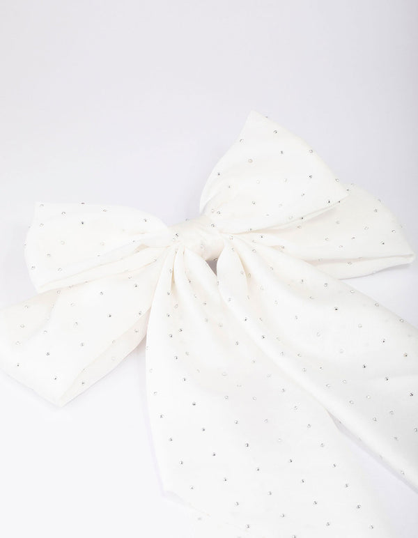 White Fabric Satin Drop Bow Hair Clip