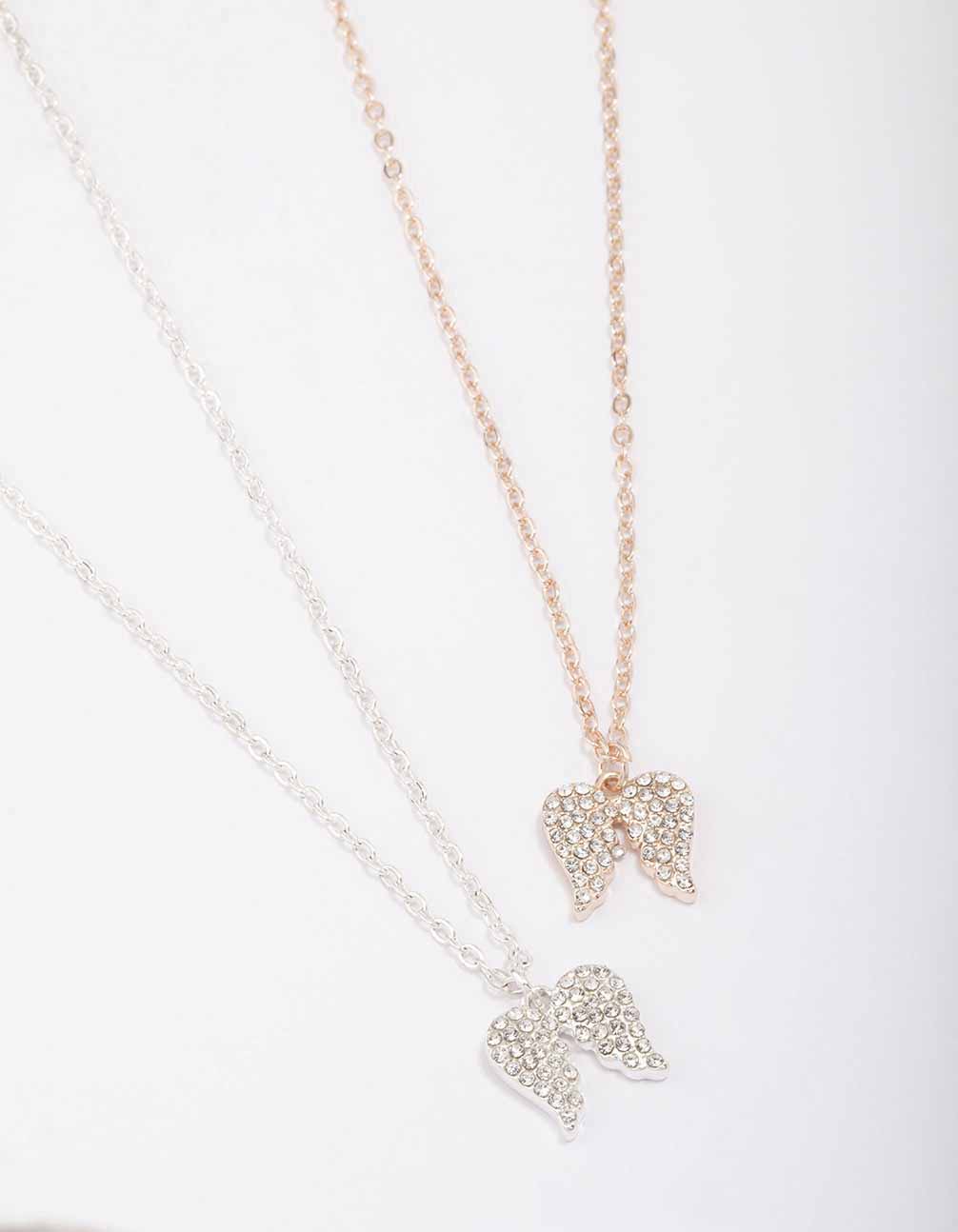 Mixed Metal Diamante Angel Wing Necklace Pack