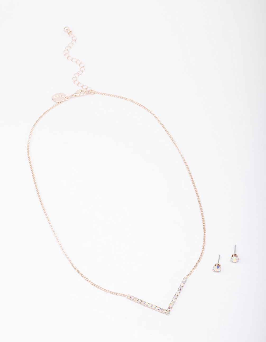 Rose Gold Cubic Zirconia V-Shaped Necklace & Stud Earring Set