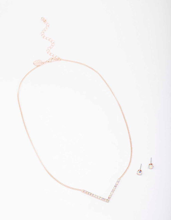 Rose Gold Cubic Zirconia V-Shaped Necklace & Stud Earring Set