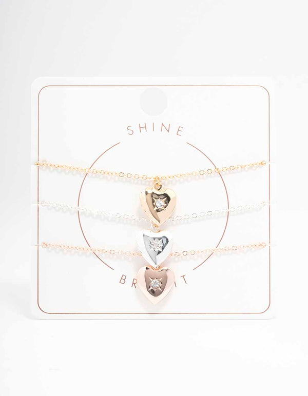 Mixed Metal Heart Locket Bracelet 3-Pack