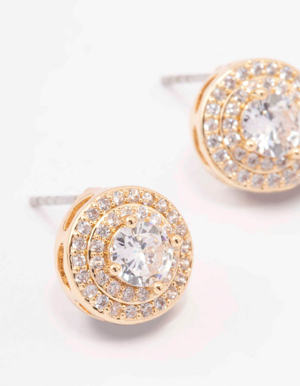 Gold Round Stone Ornate Stud Earrings