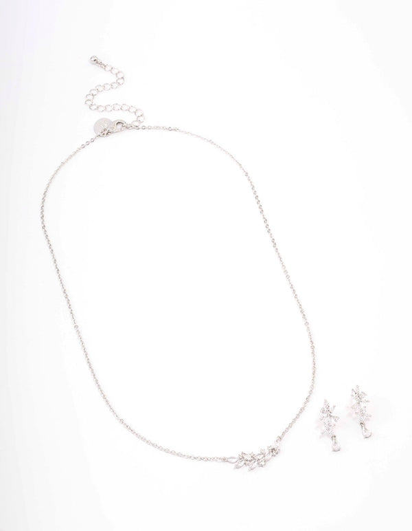 Silver Dainty Sparkle Flower Necklace & Earring Set