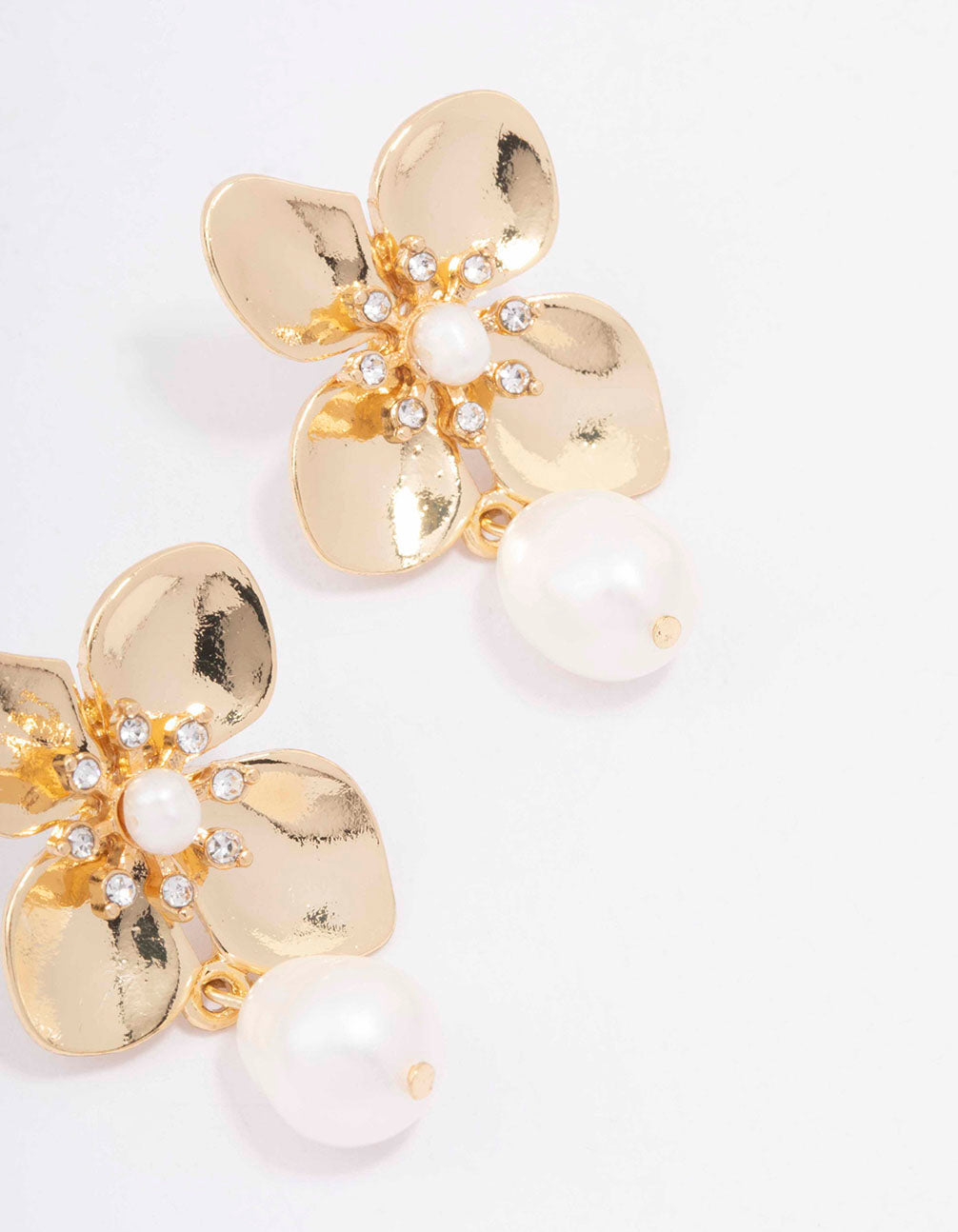 Gold Plated Crystal Flower Pearl Drop Earrings