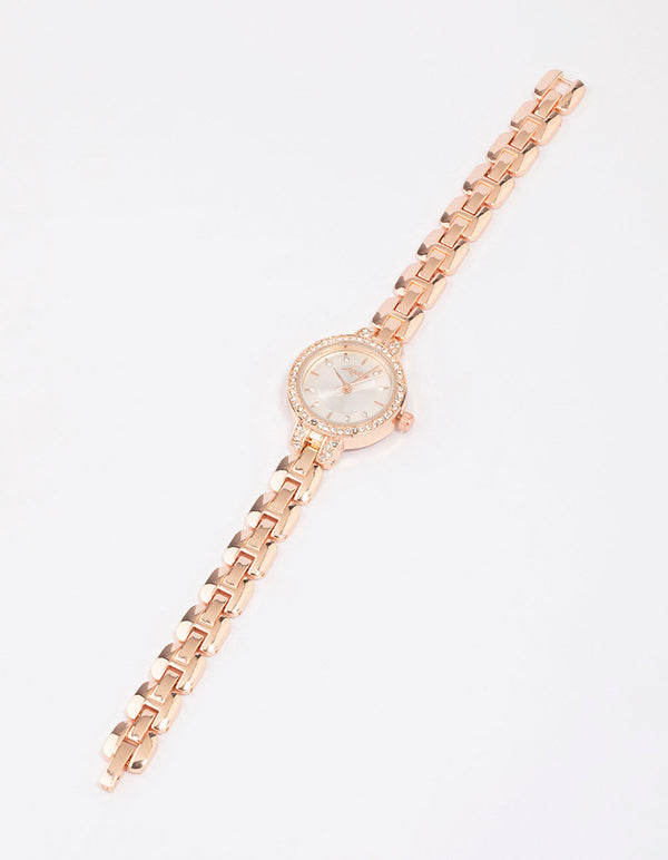 Rose Gold Diamante Small Round Strap Watch