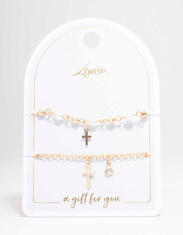 Gold Pearl Cross Charm Bracelet Pack