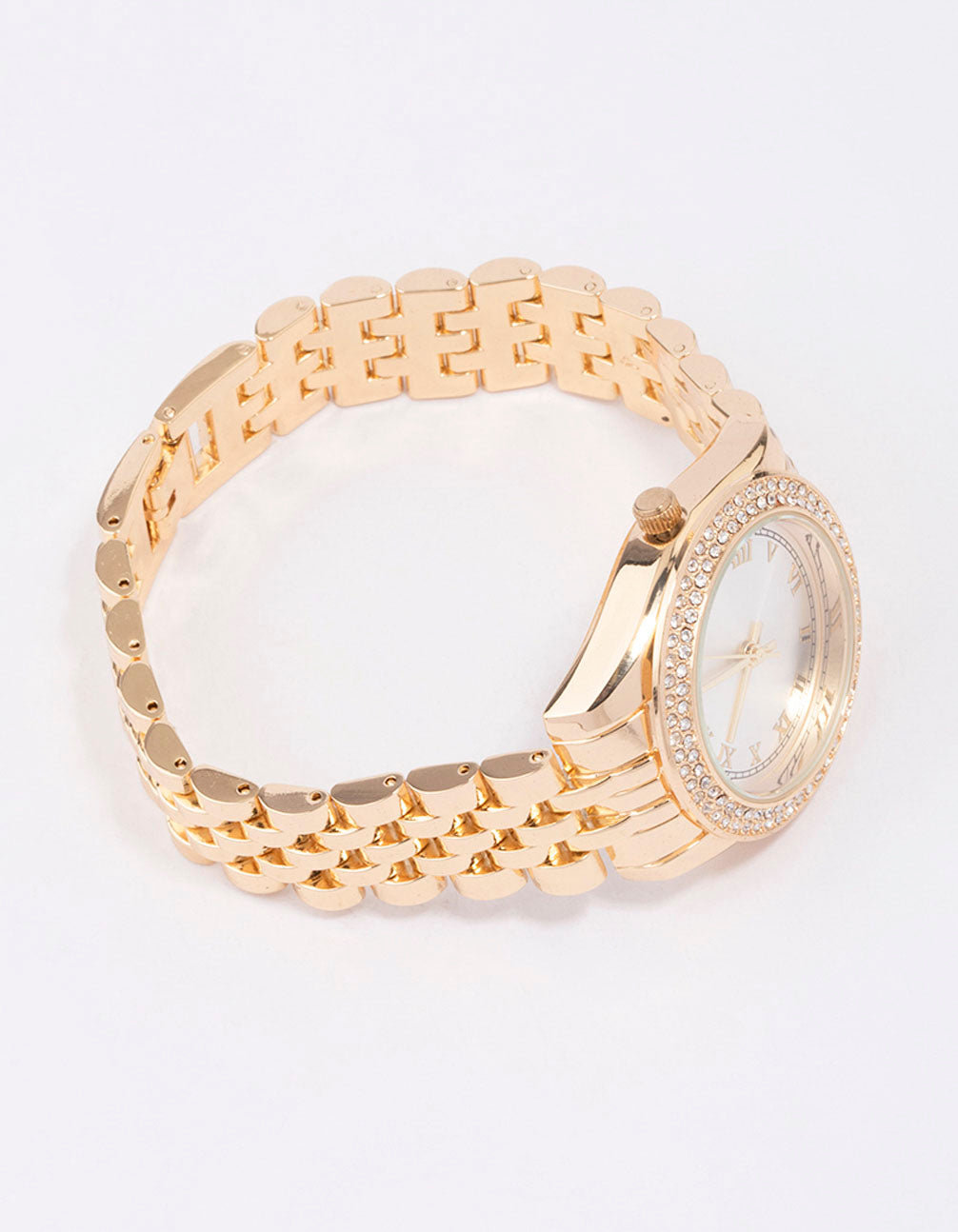 Discover this gold diamante encrusted watch with white dial featuring roman numerals, round shape, designed for women, formal occasions, analog type, and link band strap front view